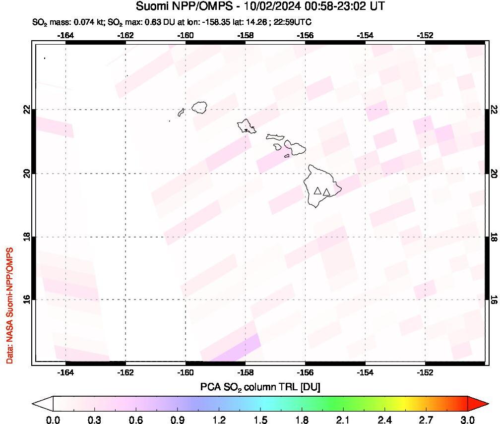 A sulfur dioxide image over Hawaii, USA on Oct 02, 2024.