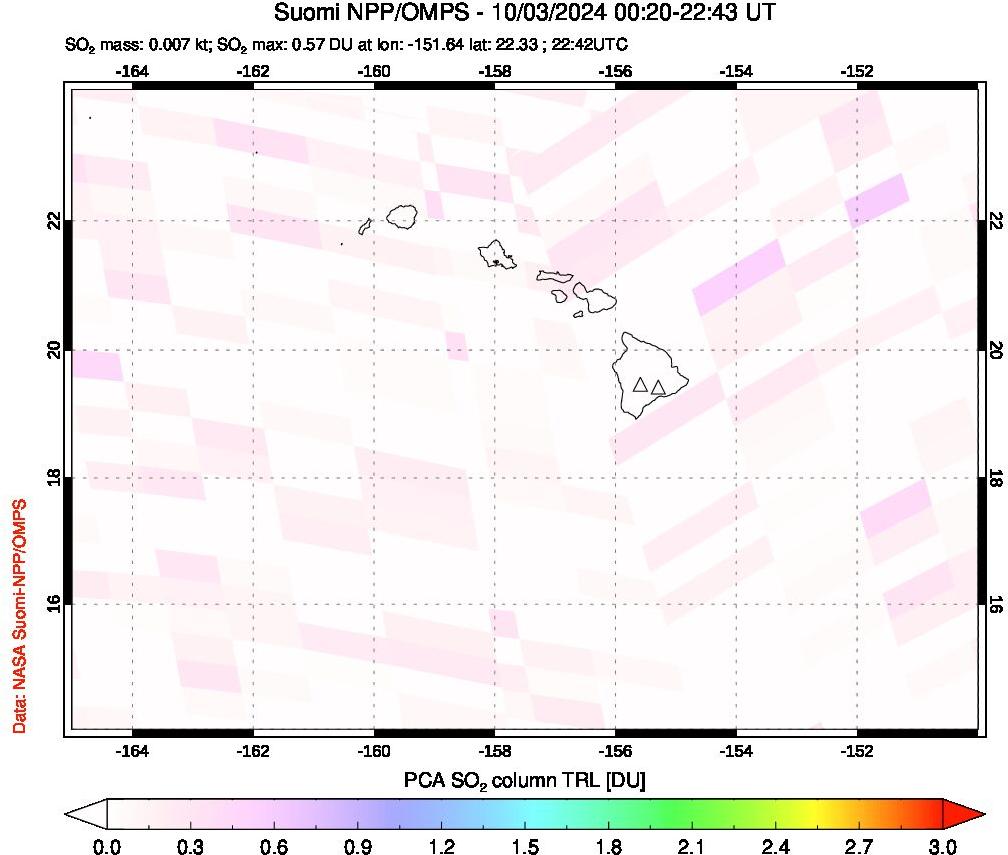 A sulfur dioxide image over Hawaii, USA on Oct 03, 2024.