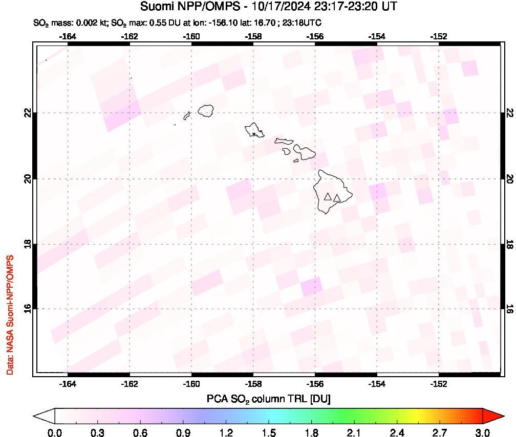 A sulfur dioxide image over Hawaii, USA on Oct 17, 2024.