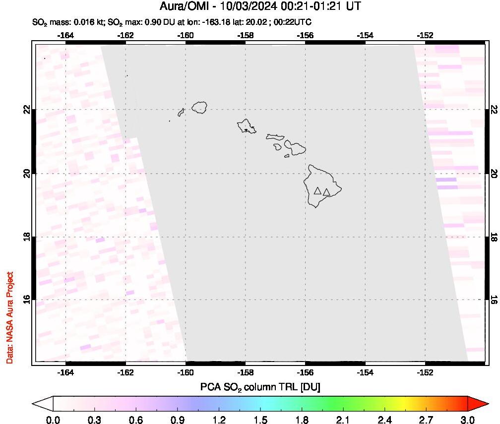 A sulfur dioxide image over Hawaii, USA on Oct 03, 2024.