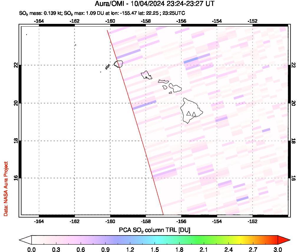 A sulfur dioxide image over Hawaii, USA on Oct 04, 2024.