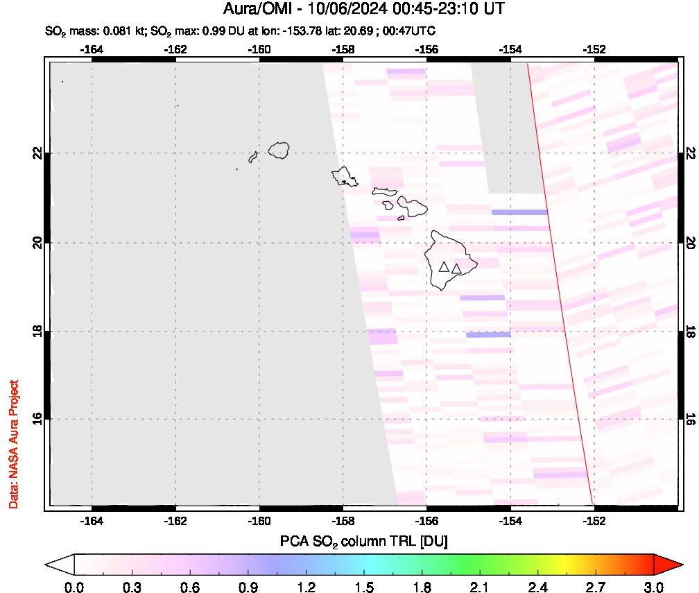 A sulfur dioxide image over Hawaii, USA on Oct 06, 2024.