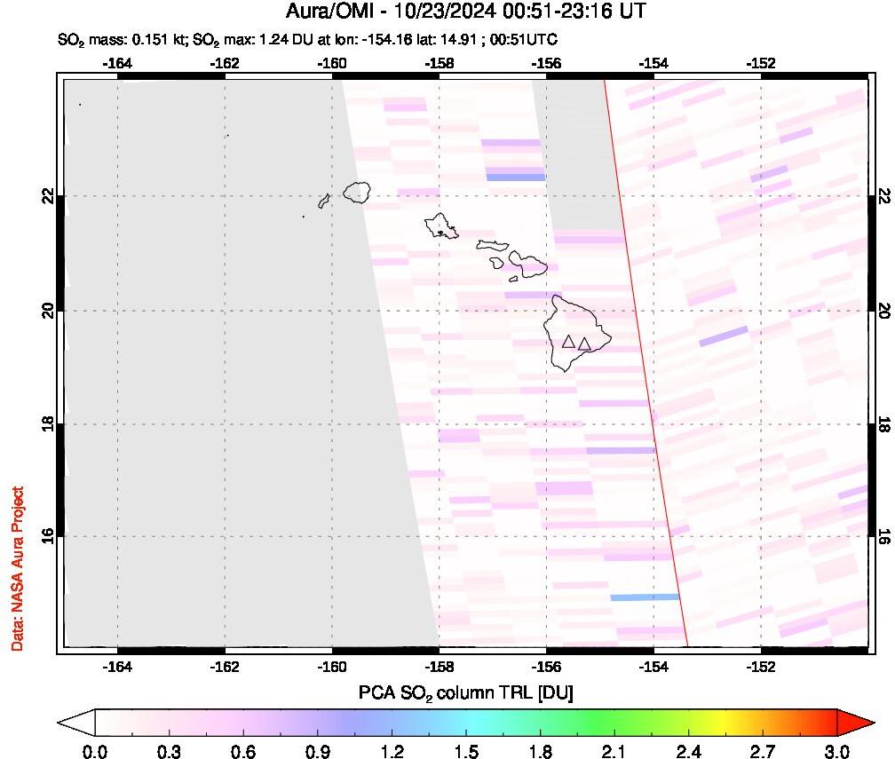 A sulfur dioxide image over Hawaii, USA on Oct 23, 2024.