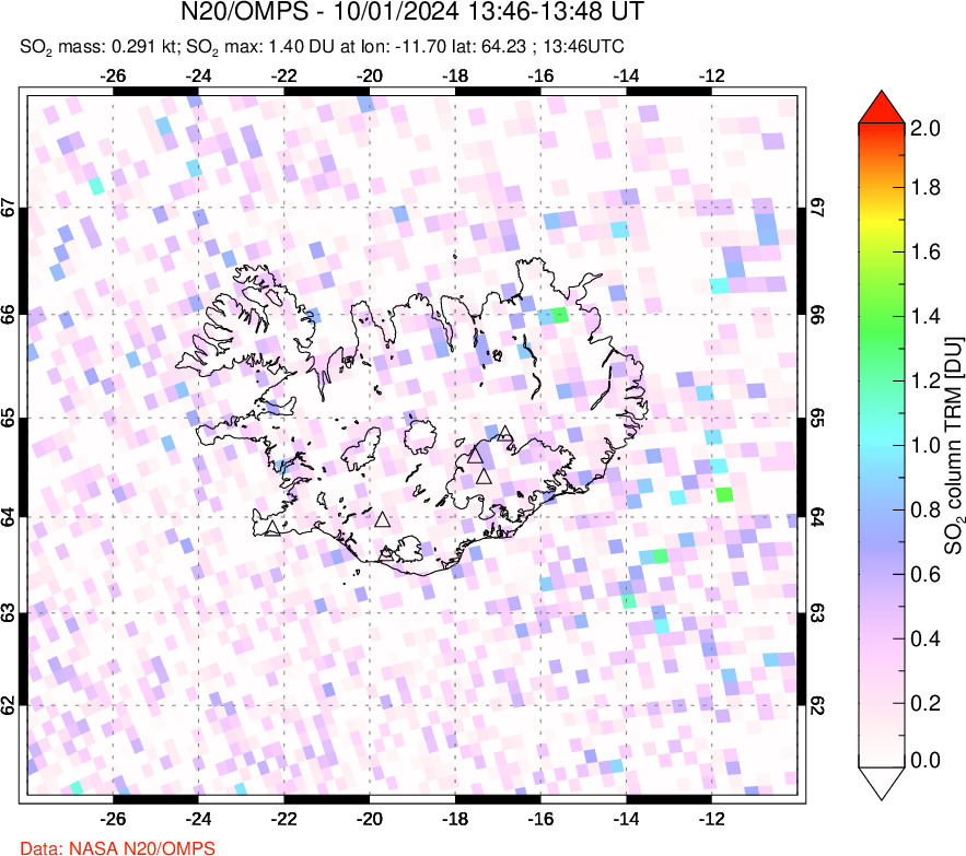 A sulfur dioxide image over Iceland on Oct 01, 2024.