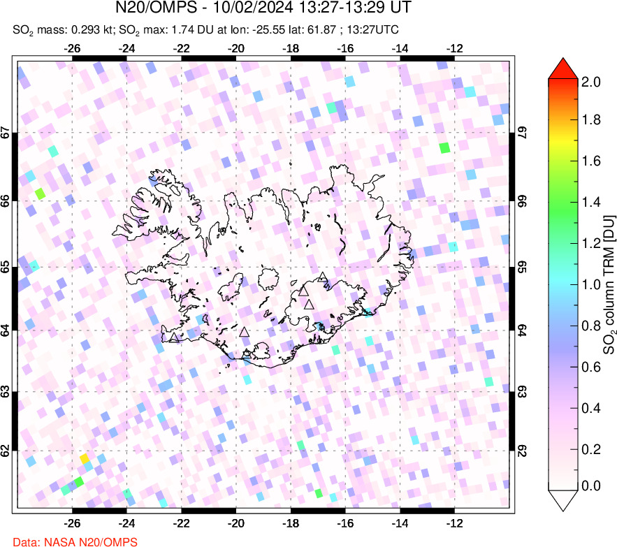 A sulfur dioxide image over Iceland on Oct 02, 2024.