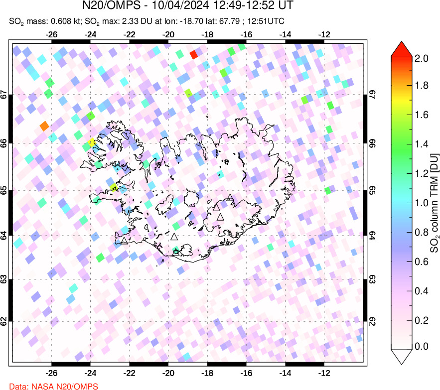 A sulfur dioxide image over Iceland on Oct 04, 2024.