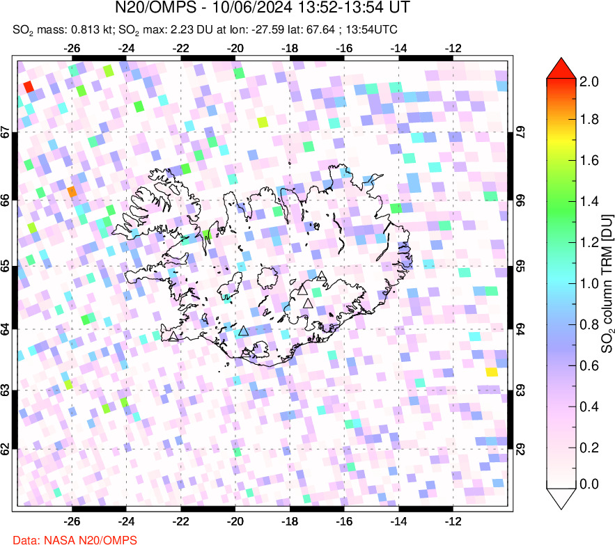 A sulfur dioxide image over Iceland on Oct 06, 2024.