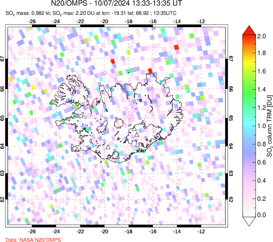 A sulfur dioxide image over Iceland on Oct 07, 2024.