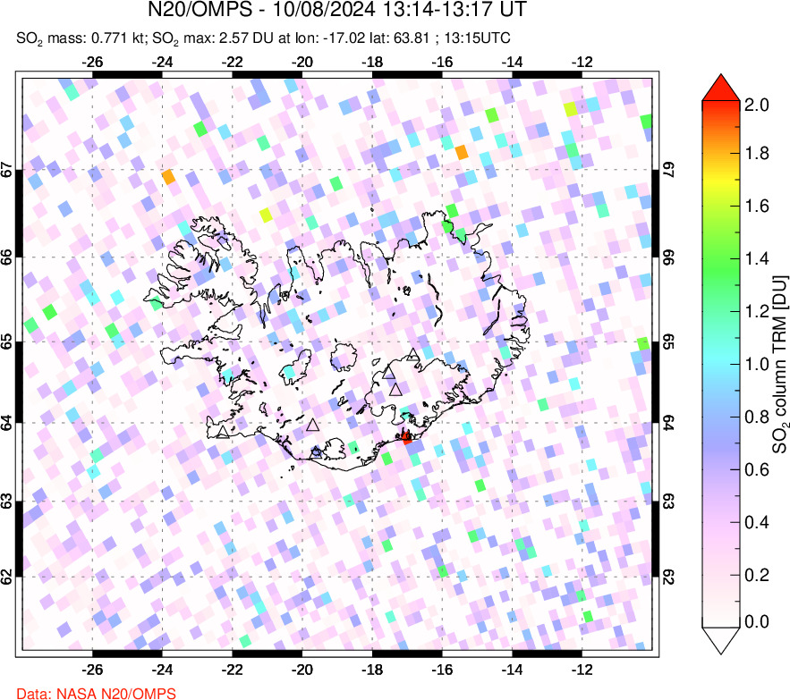 A sulfur dioxide image over Iceland on Oct 08, 2024.