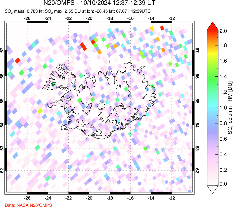 A sulfur dioxide image over Iceland on Oct 10, 2024.