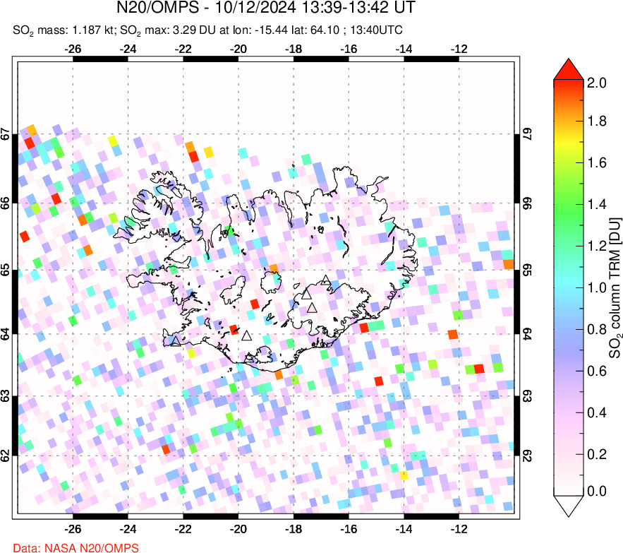 A sulfur dioxide image over Iceland on Oct 12, 2024.