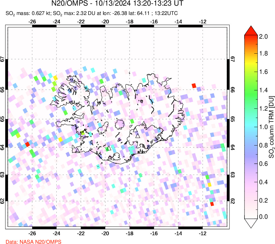 A sulfur dioxide image over Iceland on Oct 13, 2024.