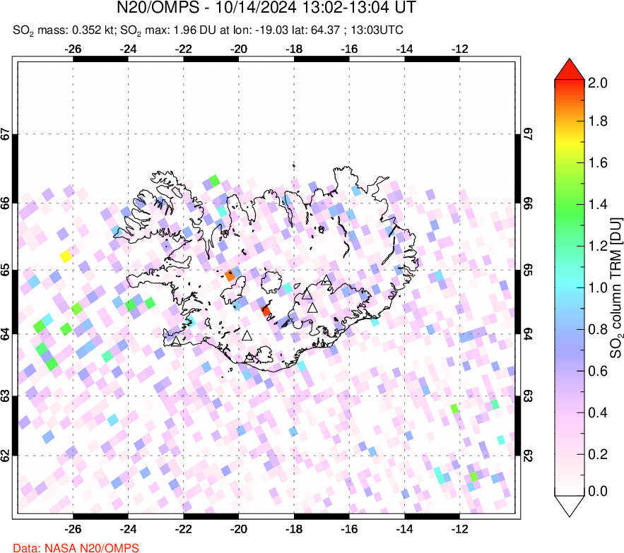 A sulfur dioxide image over Iceland on Oct 14, 2024.