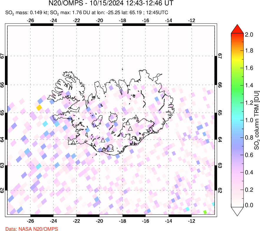 A sulfur dioxide image over Iceland on Oct 15, 2024.