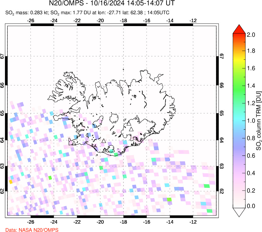 A sulfur dioxide image over Iceland on Oct 16, 2024.