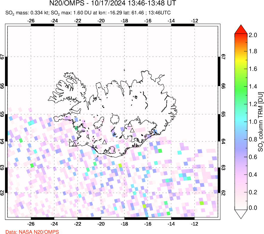 A sulfur dioxide image over Iceland on Oct 17, 2024.