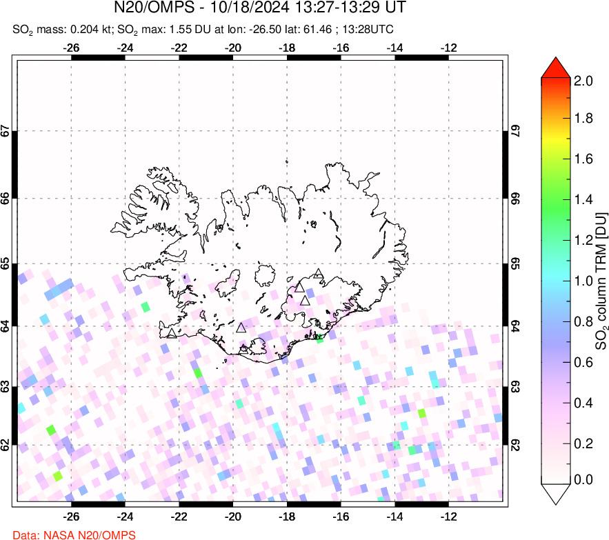 A sulfur dioxide image over Iceland on Oct 18, 2024.