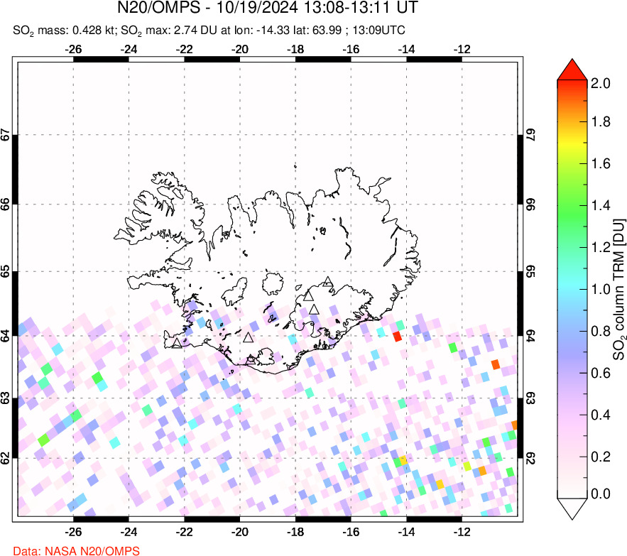 A sulfur dioxide image over Iceland on Oct 19, 2024.