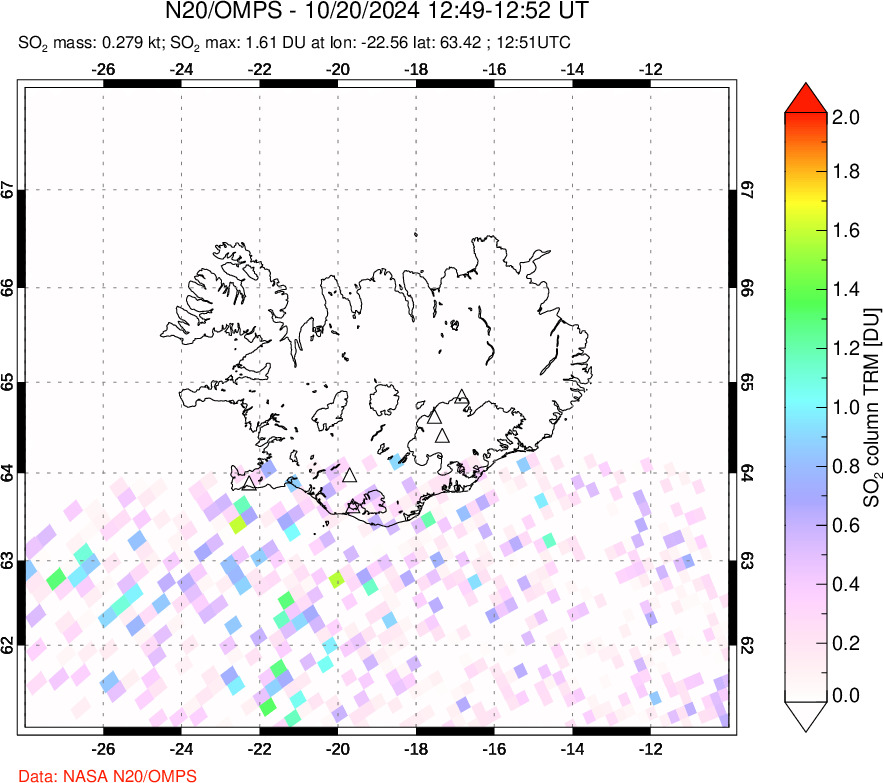 A sulfur dioxide image over Iceland on Oct 20, 2024.