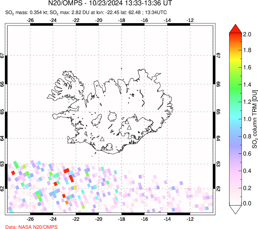 A sulfur dioxide image over Iceland on Oct 23, 2024.