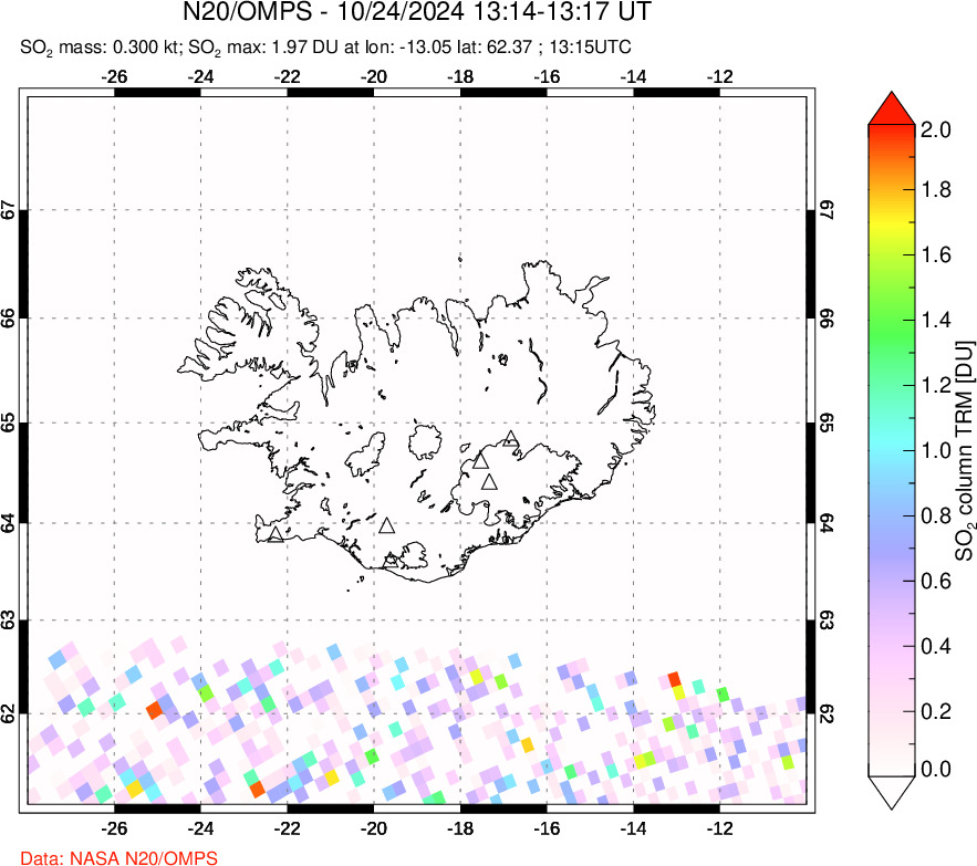 A sulfur dioxide image over Iceland on Oct 24, 2024.