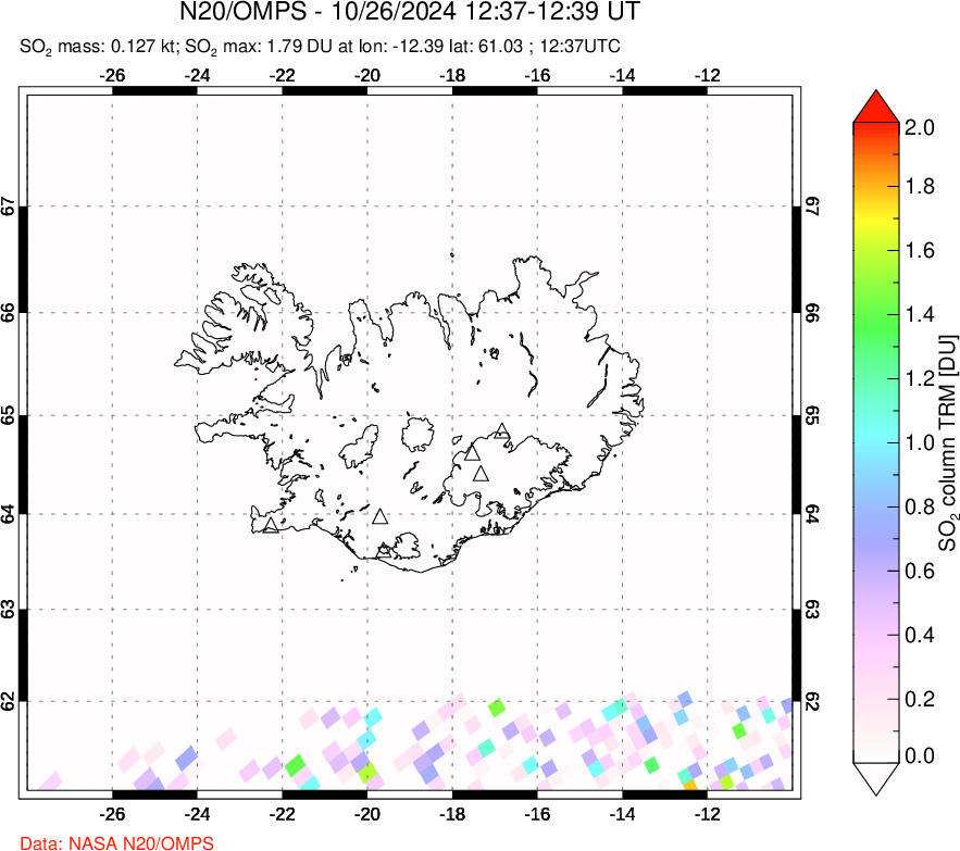 A sulfur dioxide image over Iceland on Oct 26, 2024.