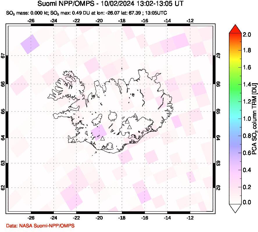 A sulfur dioxide image over Iceland on Oct 02, 2024.