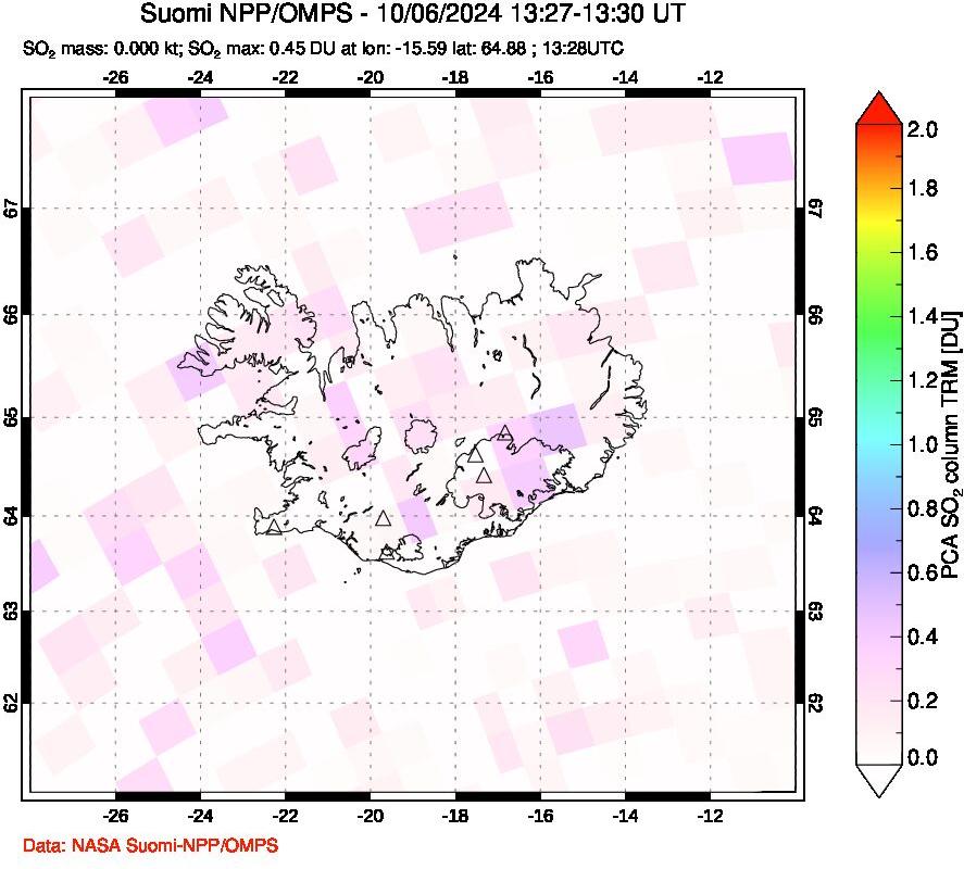 A sulfur dioxide image over Iceland on Oct 06, 2024.