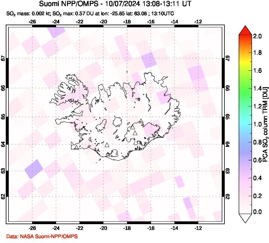 A sulfur dioxide image over Iceland on Oct 07, 2024.