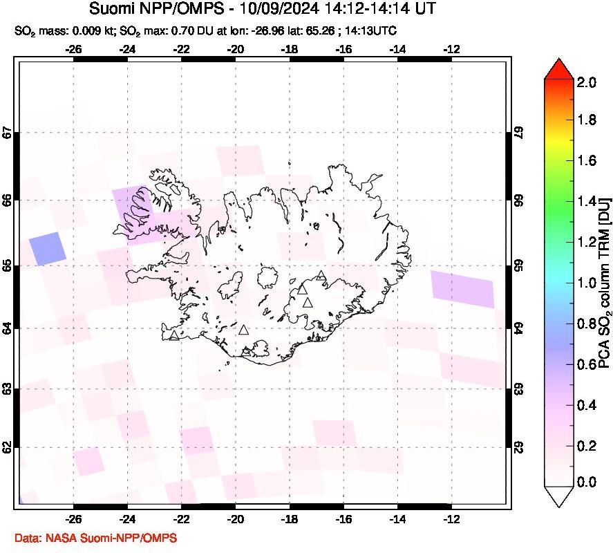 A sulfur dioxide image over Iceland on Oct 09, 2024.