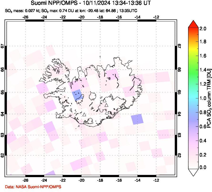 A sulfur dioxide image over Iceland on Oct 11, 2024.