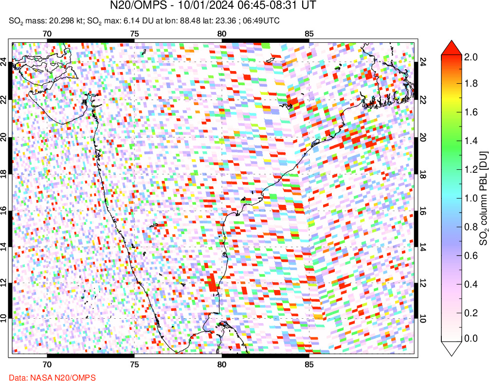 A sulfur dioxide image over India on Oct 01, 2024.