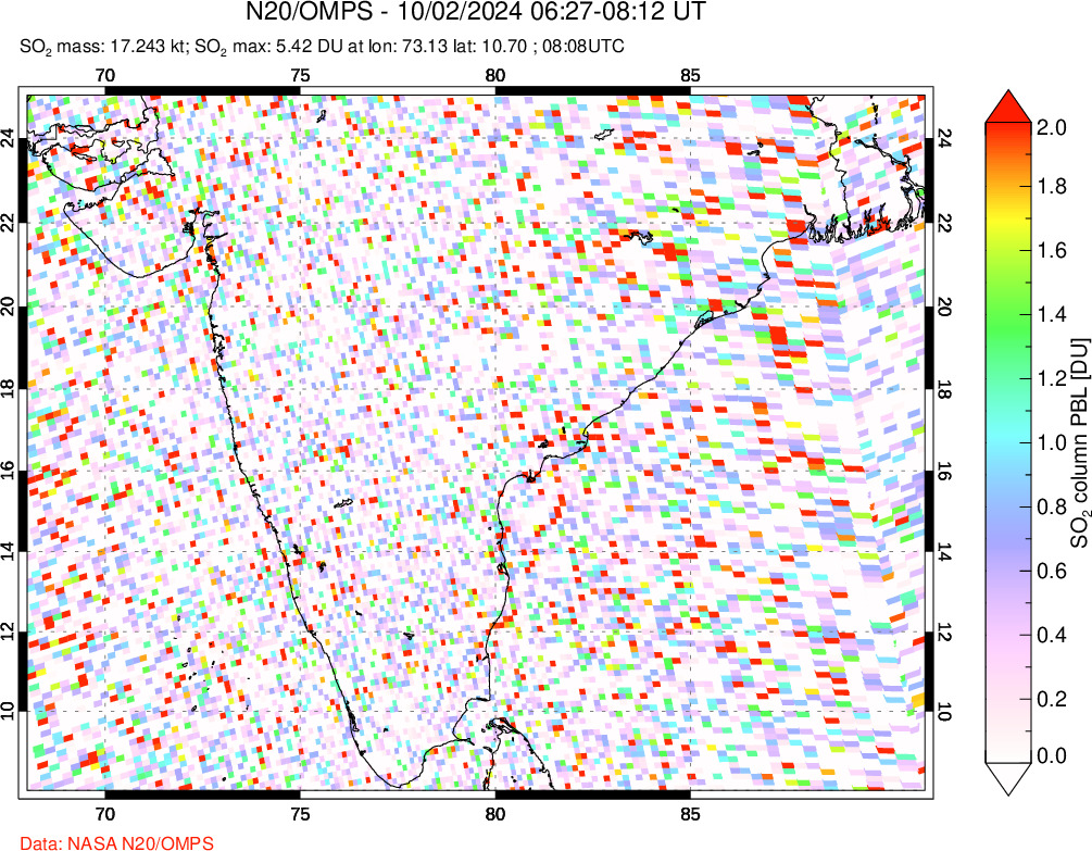 A sulfur dioxide image over India on Oct 02, 2024.