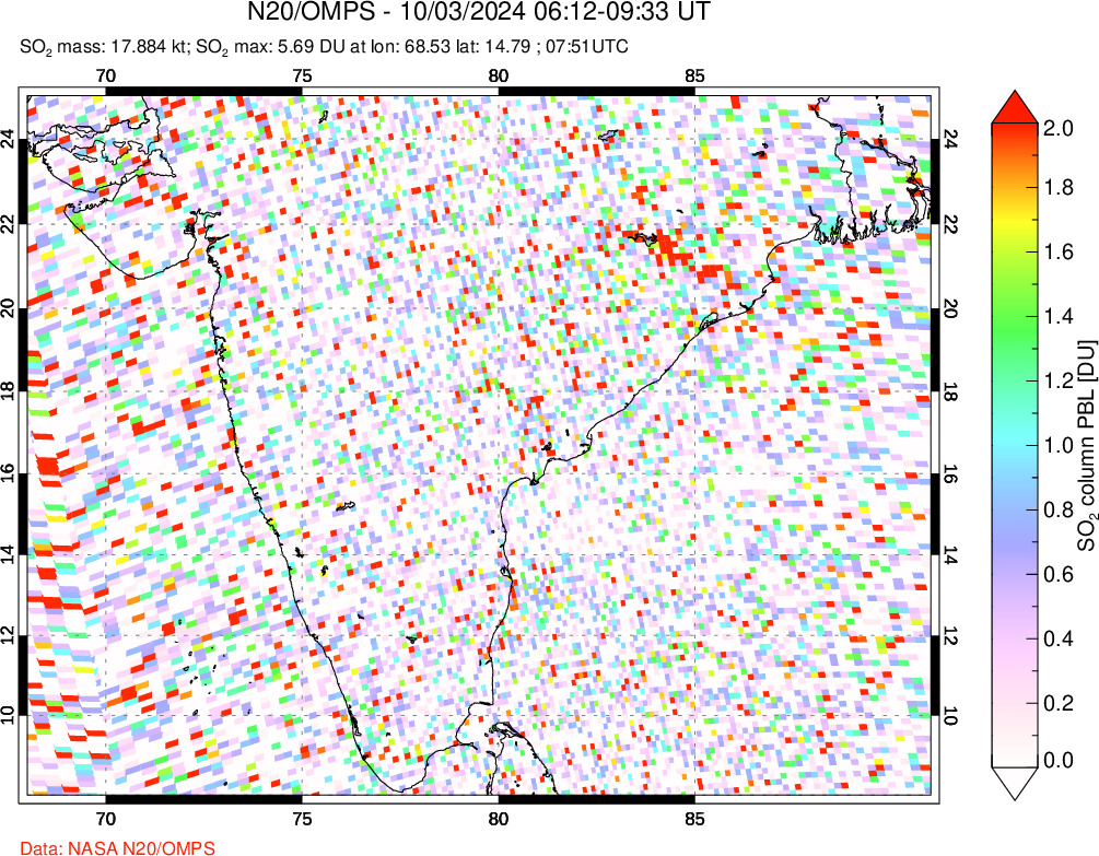 A sulfur dioxide image over India on Oct 03, 2024.