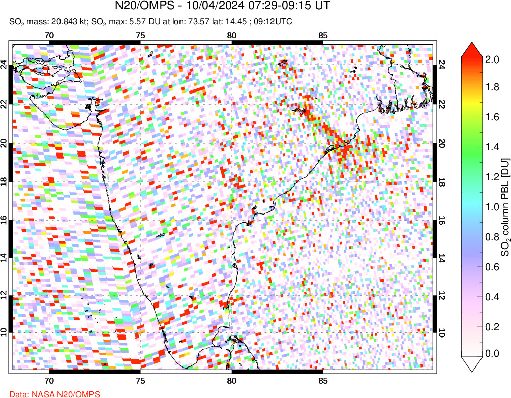 A sulfur dioxide image over India on Oct 04, 2024.