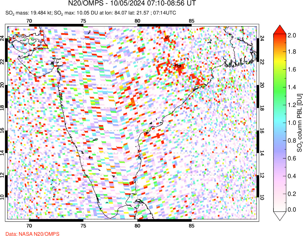 A sulfur dioxide image over India on Oct 05, 2024.