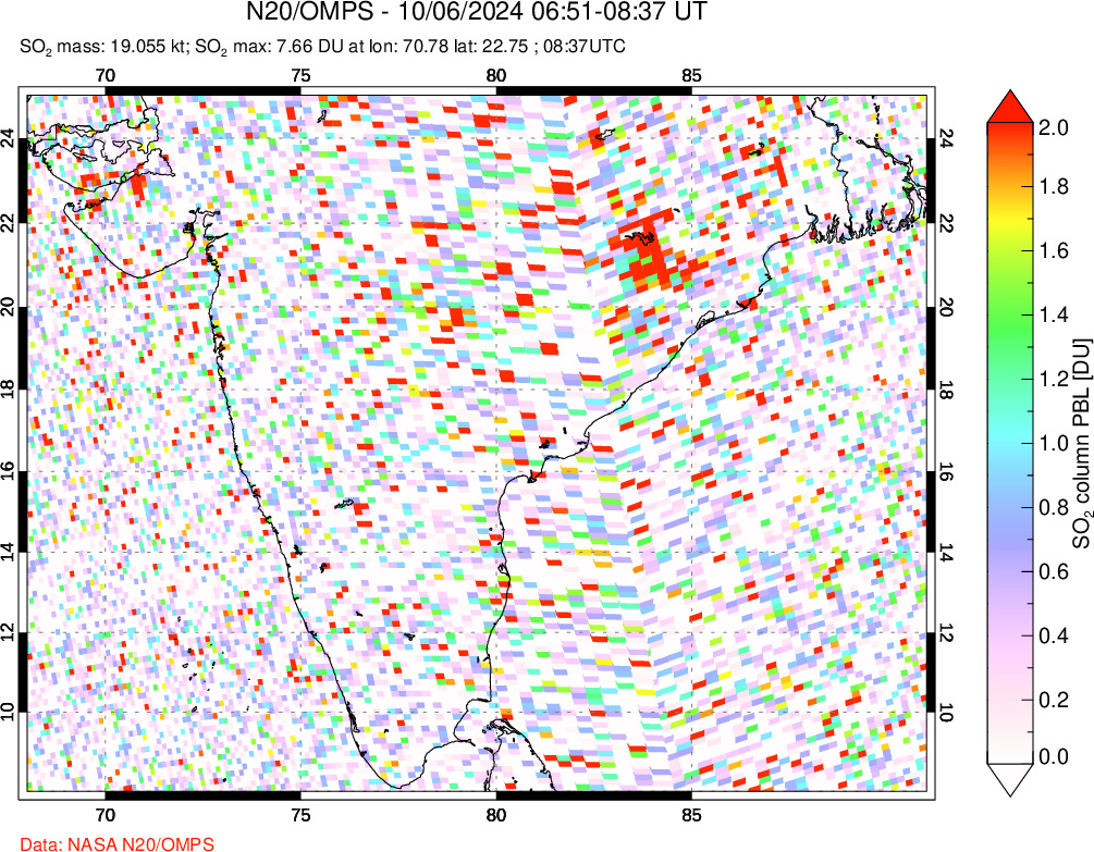 A sulfur dioxide image over India on Oct 06, 2024.