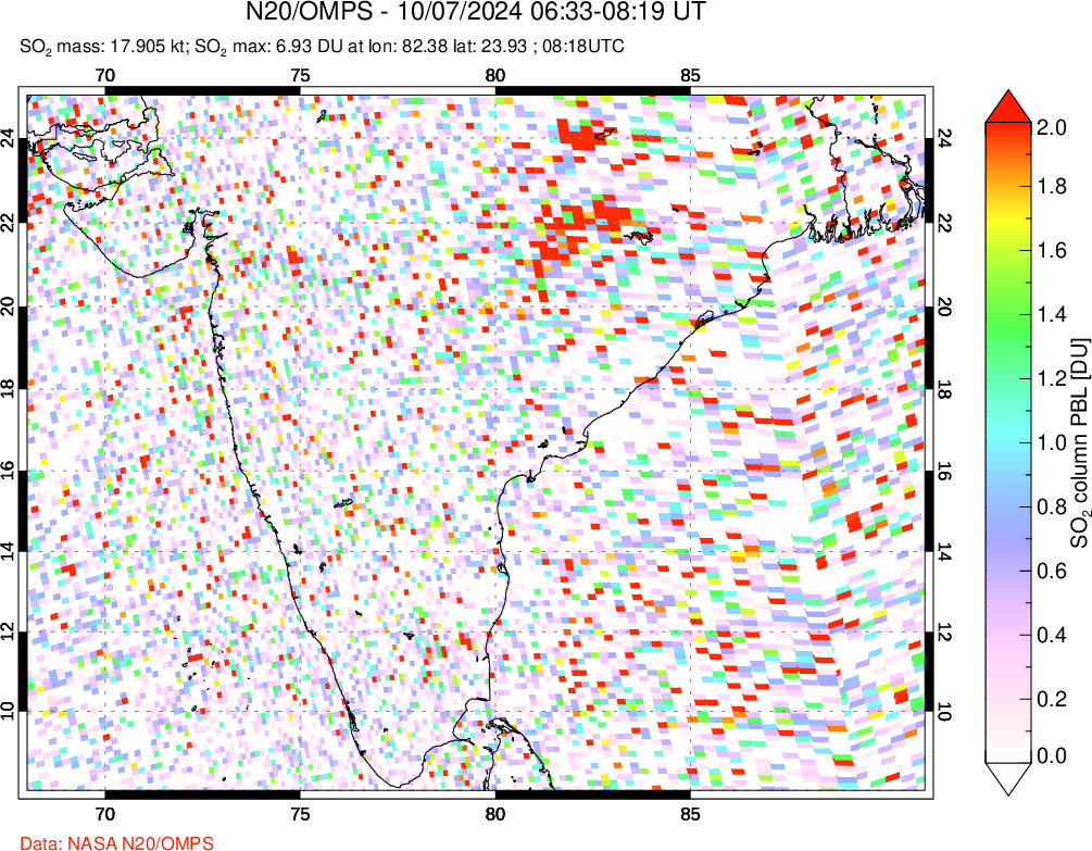 A sulfur dioxide image over India on Oct 07, 2024.