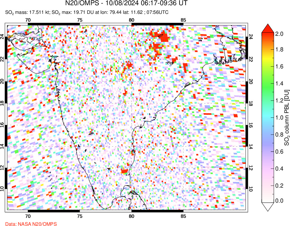 A sulfur dioxide image over India on Oct 08, 2024.