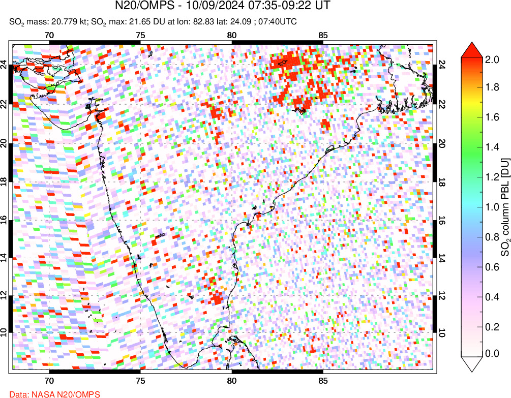 A sulfur dioxide image over India on Oct 09, 2024.