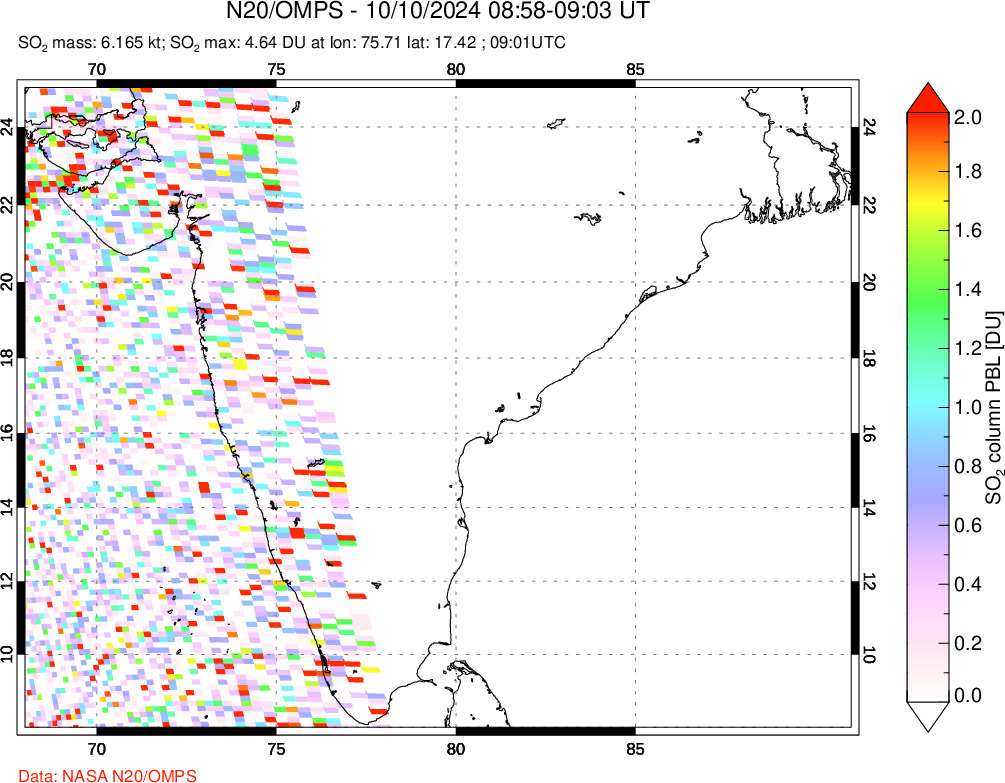 A sulfur dioxide image over India on Oct 10, 2024.