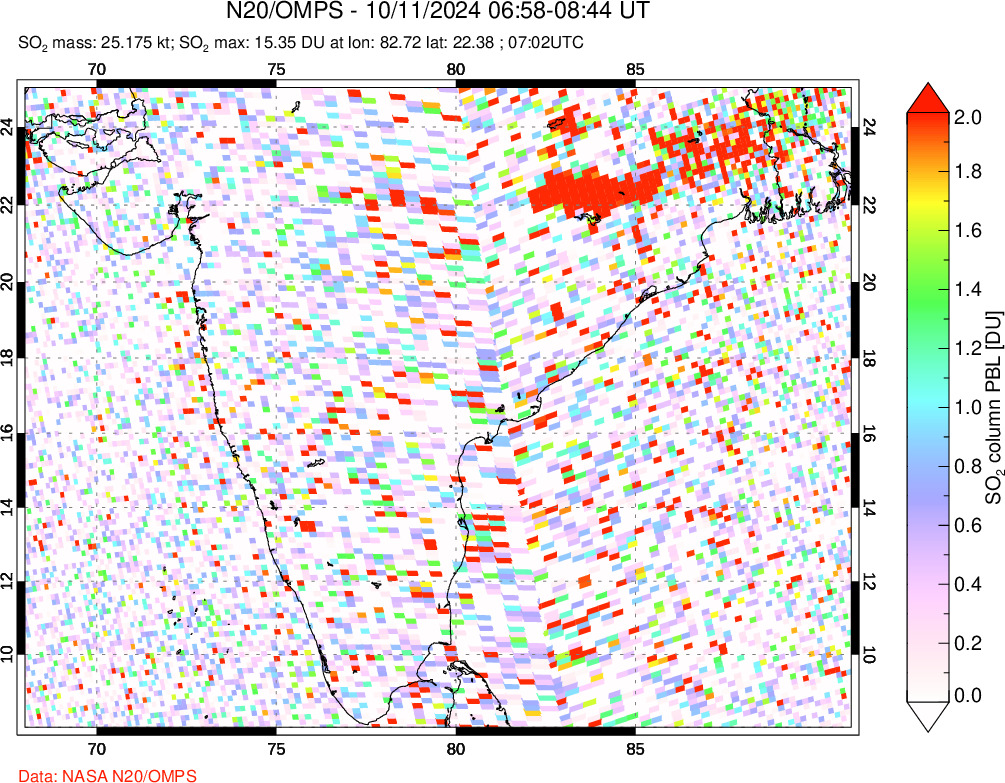 A sulfur dioxide image over India on Oct 11, 2024.