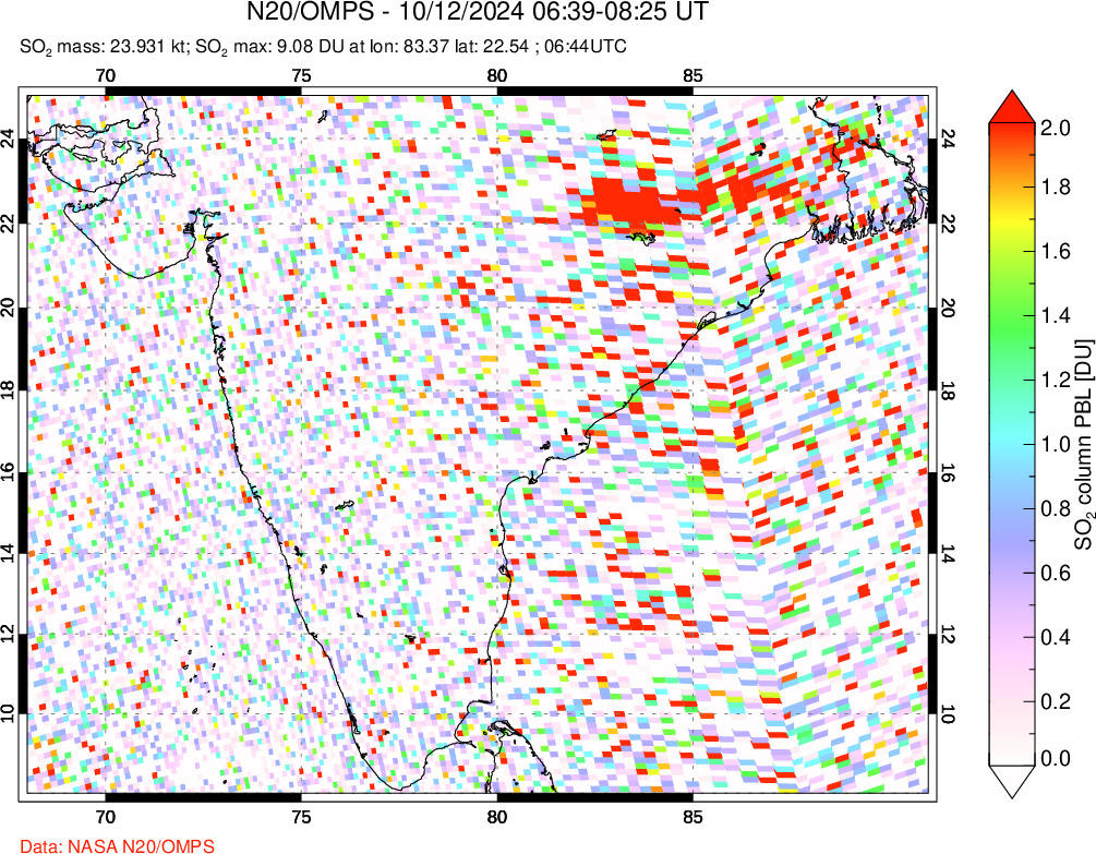 A sulfur dioxide image over India on Oct 12, 2024.