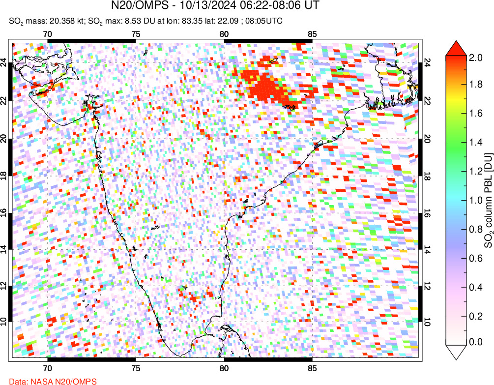 A sulfur dioxide image over India on Oct 13, 2024.