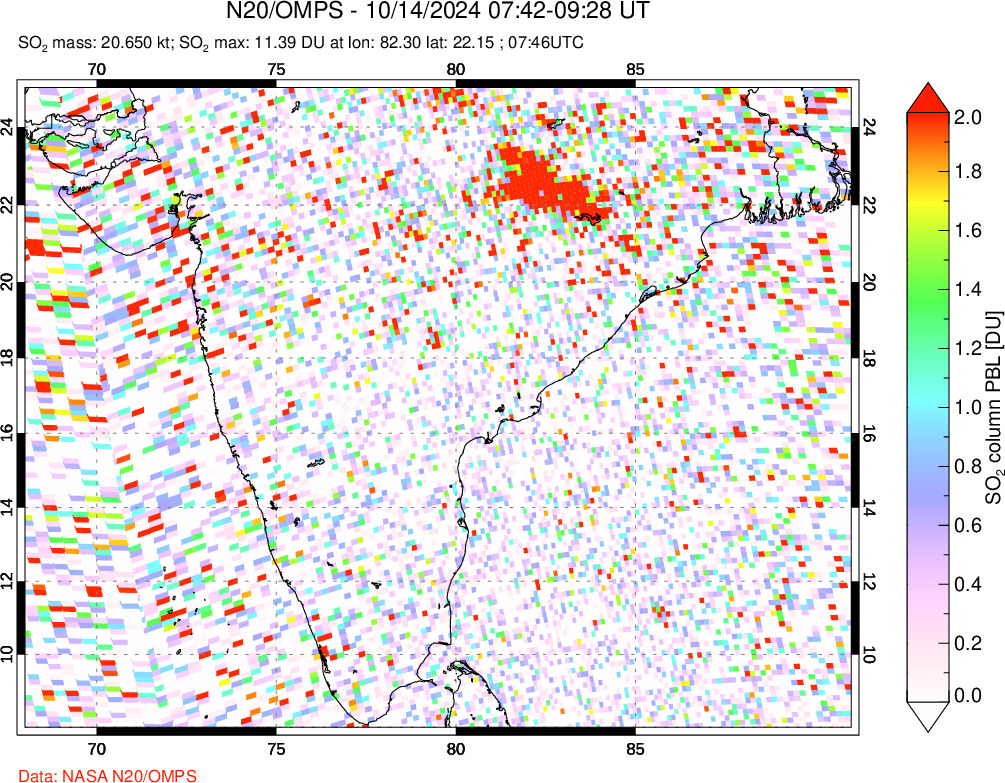 A sulfur dioxide image over India on Oct 14, 2024.