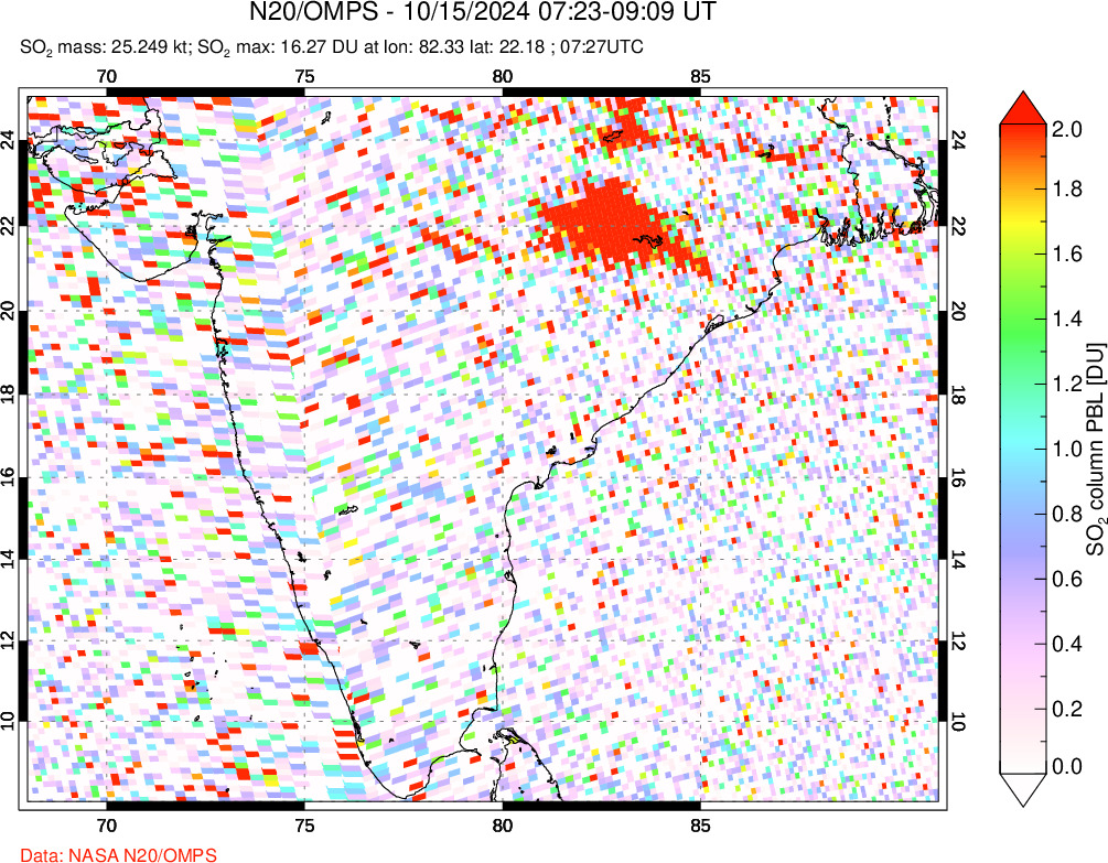 A sulfur dioxide image over India on Oct 15, 2024.