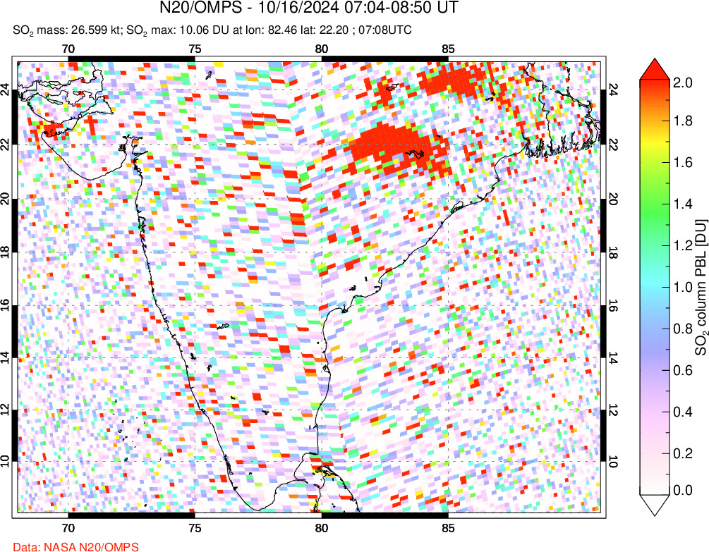 A sulfur dioxide image over India on Oct 16, 2024.