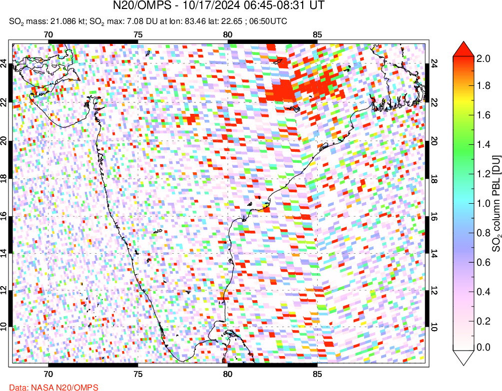 A sulfur dioxide image over India on Oct 17, 2024.