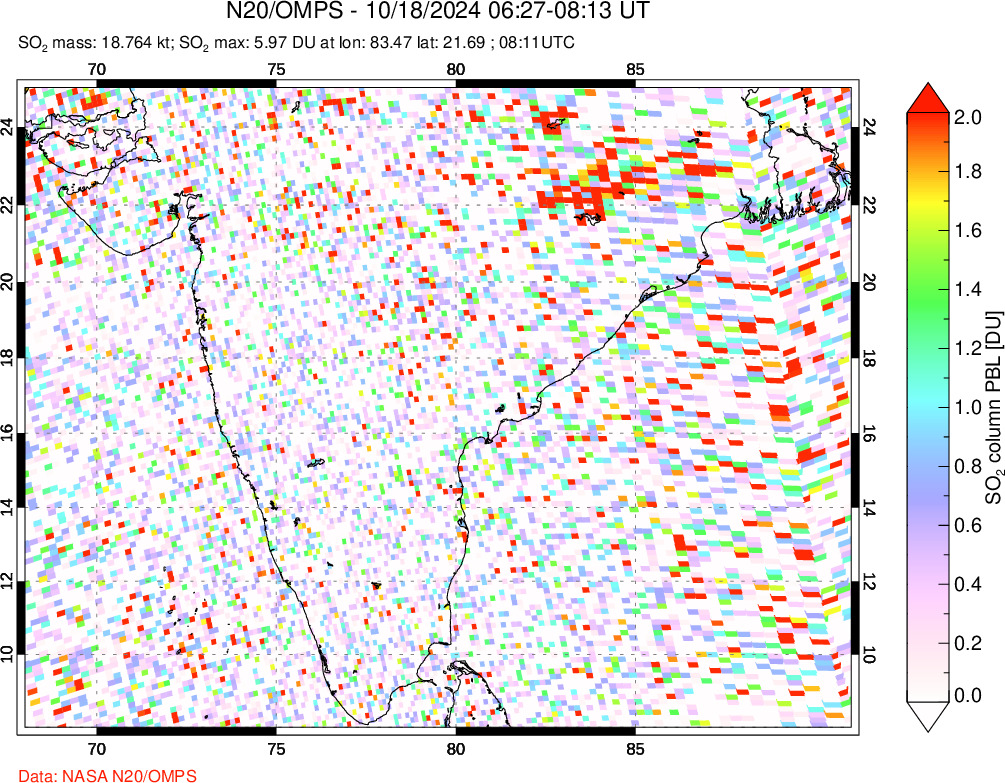 A sulfur dioxide image over India on Oct 18, 2024.