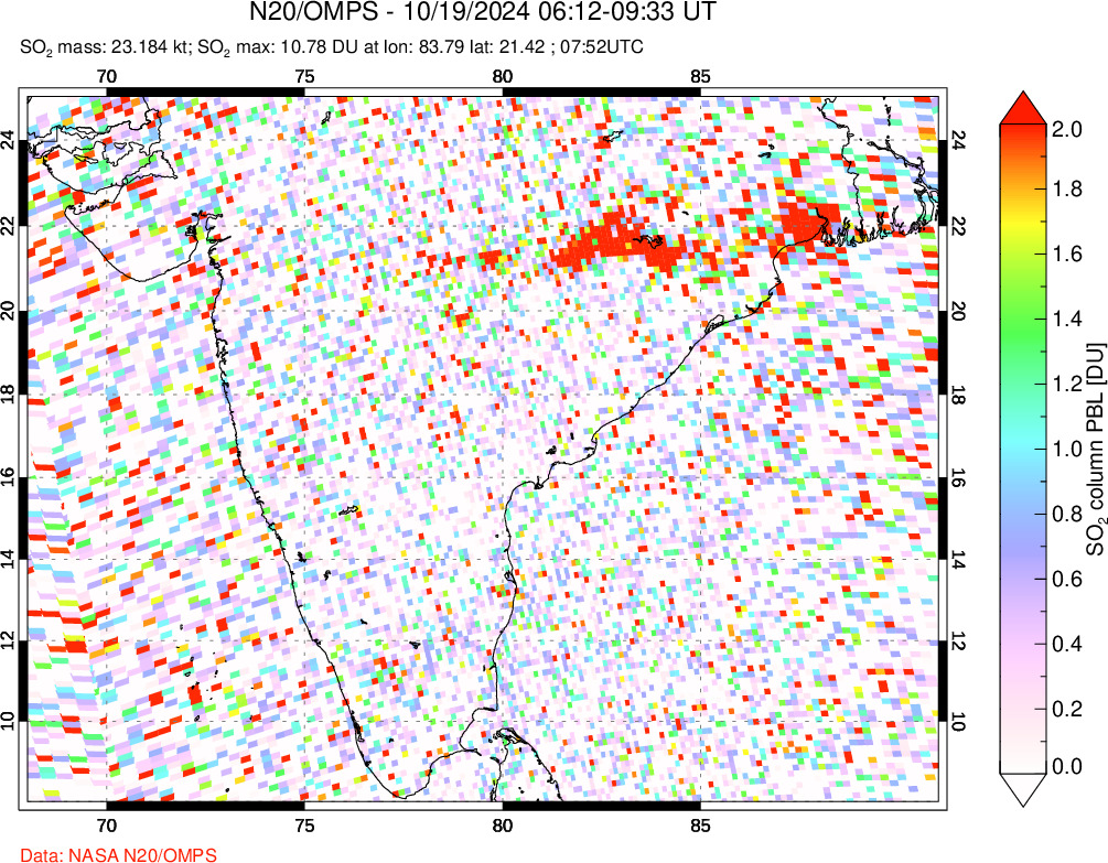 A sulfur dioxide image over India on Oct 19, 2024.